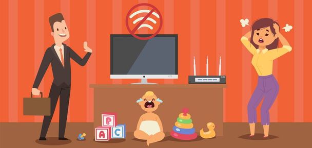 Wifi signal disruption, crying baby and stressed mother, technical support service, people vector illustration - Vektor, kép