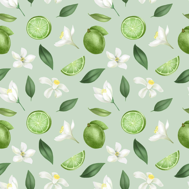 Patrón sin costuras con limas dibujadas a mano (limones verdes) y flores de lima sobre un fondo verde
 - Foto, Imagen