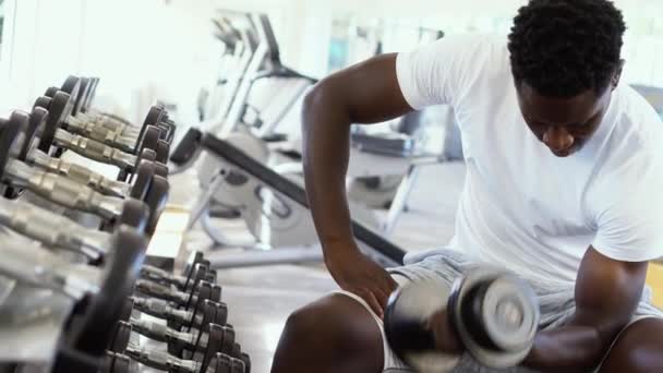 Young African American man sitting and lifting a dumbbell close to the rack at gym. Male weight training person doing a biceps curl in fitness center - Filmmaterial, Video