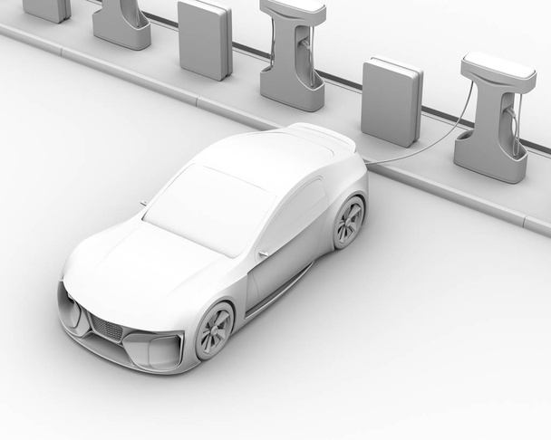 Representación en arcilla de la carga de coches deportivos eléctricos en la estación de carga pública. Imagen de renderizado 3D
. - Foto, imagen