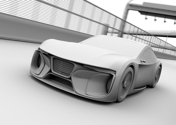 Clay renderöi sähkökäyttöistä urheilucoupea ajamassa moottoritiellä. 3D-renderöintikuva
.  - Valokuva, kuva