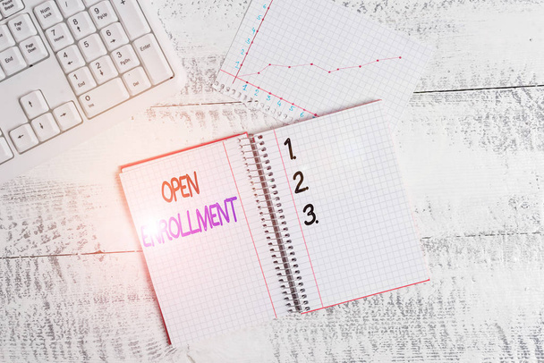Text sign showing Open Enrollment. Conceptual photo policy of allowing qualifying students to enroll in school Papercraft craft paper desk square spiral notebook office study supplies. - 写真・画像