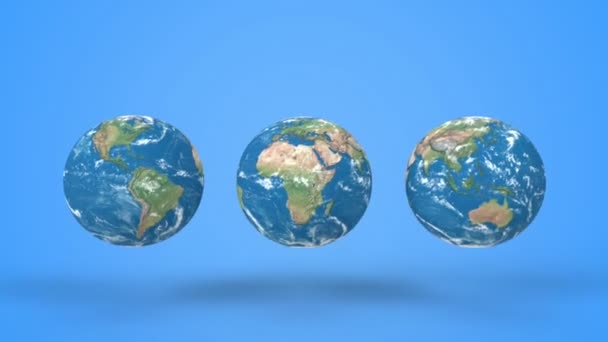 Jumping earth globe on blue background in minimal style. Leaping Earth planet like a ball 3d render animation. - Filmati, video