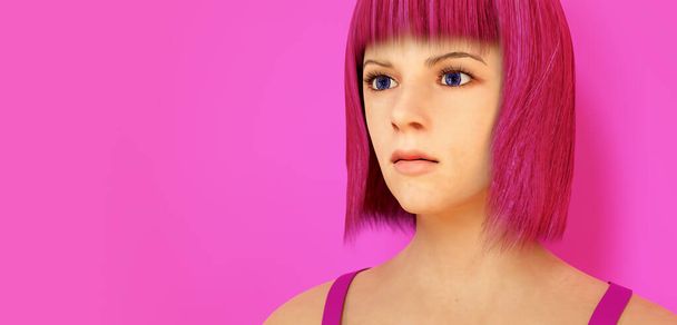 young woman pink hair girly style 3D illustration - Foto, Bild