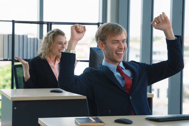 business background of business people showing excited with smiling face in office - Fotoğraf, Görsel