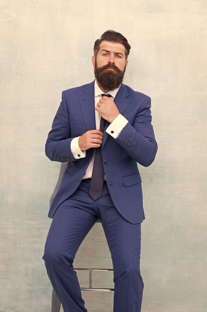 Just perfect. Tailored suit. Fashion shop. Rent suit service. Elegant fashion outfit. Gentleman modern style. Guy well groomed handsome macho wear tuxedo. Fashion clothes. Modern trend. Confident - Foto, imagen