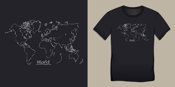 Print op t-shirt grafisch ontwerp, Wereldkaart krijtachtig, zwart shirt zoals schoolbord, geïsoleerd op achtergrond vector - Vector, afbeelding