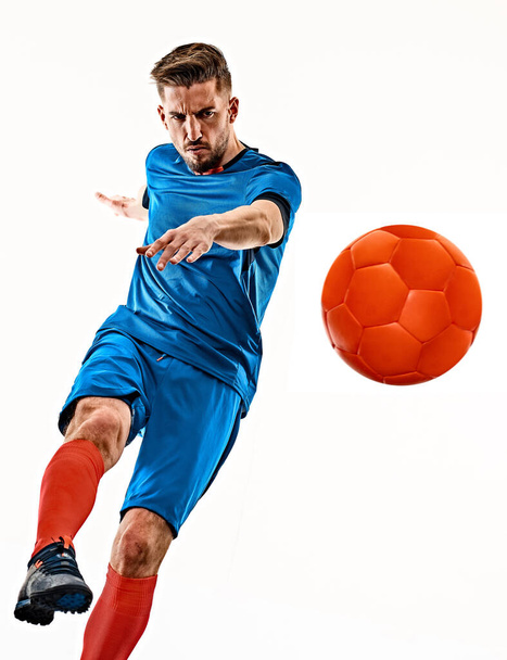 young soccer player man isolated white background standing - Foto, Imagen