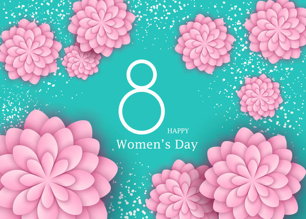 March 8 flower card. International Happy Women's Day. Holiday 3d background of pink paper flower on blue backdrop with square frame. Trendy design template. Vector illustration - Vetor, Imagem