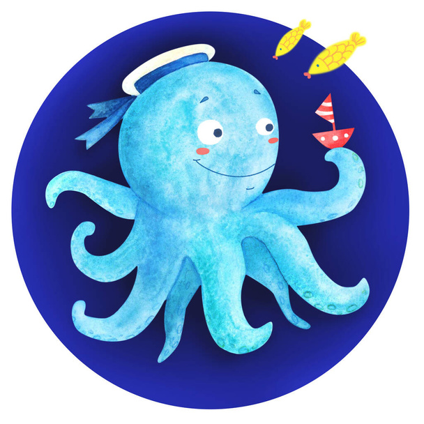 watercolor illustration "Little octopus" : ocean creature having fun - 写真・画像