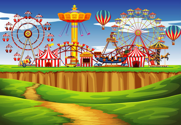 Escena de circo con muchos paseos durante el día ilustración
 - Vector, imagen