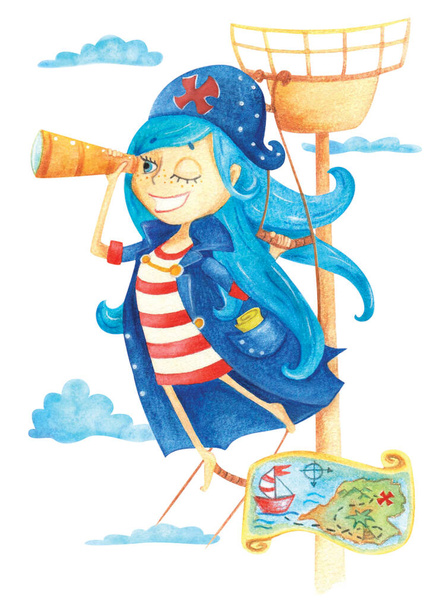 watercolor illustration "Pirate girl" : lets go on adventure - Foto, imagen