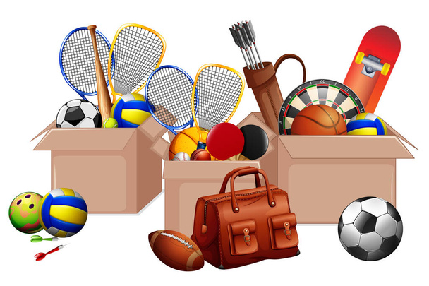 Three boxes full of sport equipments on white background illustration - Vector, Image