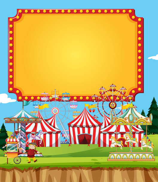 Escena de circo con plantilla de letrero en el cielo ilustración - Vector, Imagen