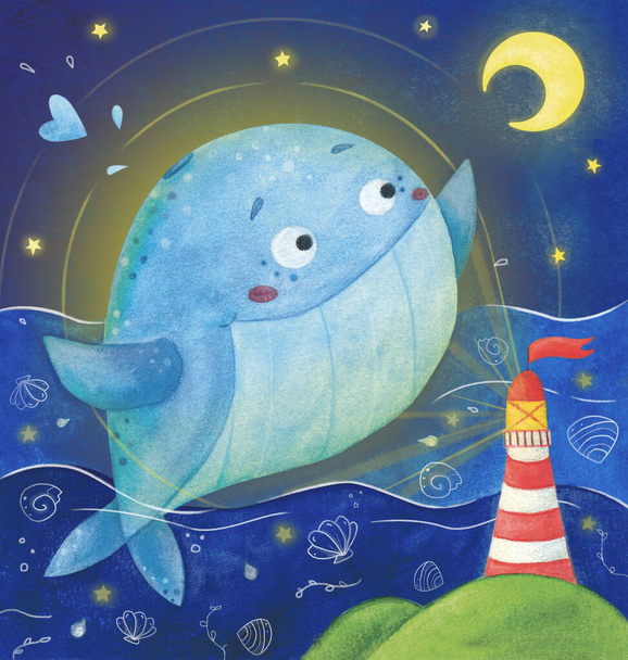 watercolor illustration "To the moon and back" : jumping whale - 写真・画像