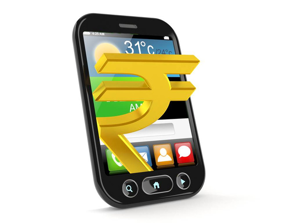 Rupee currency symbol inside smartphone isolated on white background. 3d illustration - Valokuva, kuva