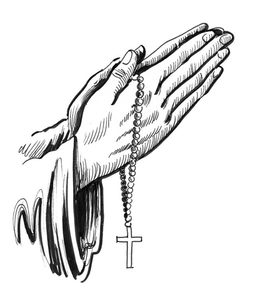 Modlící se ruce s křížem. Černobílá kresba inkoustu - Fotografie, Obrázek