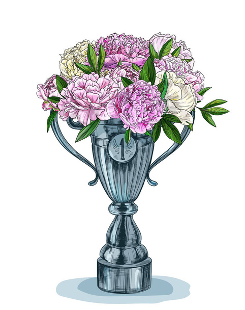 Trophy cup with lush lush pink peonies bouquet in it - Vetor, Imagem