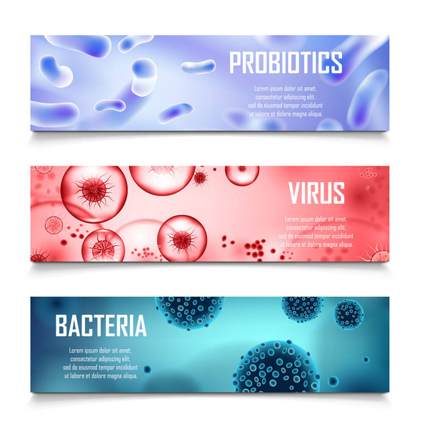 Bacteria, probiotics and viruses cell ad design. Realistic salmonella, lactobacillus 3d illustration. Virus and bacteria microbe infection medical banners. vector - Vektor, obrázek
