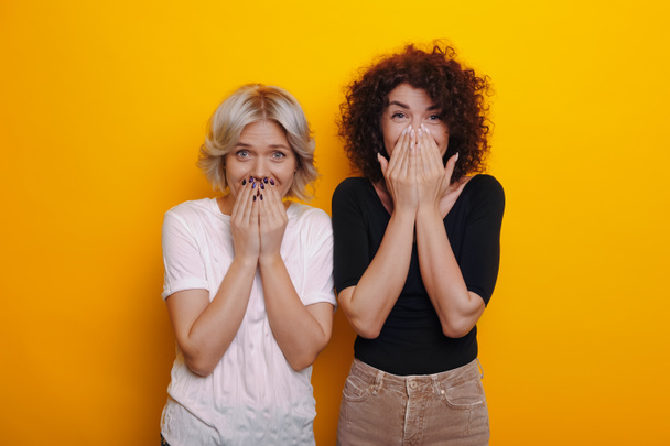 Caucasian curly haired brunette is feeling surprised near her blonde sister covering their mouths with hands on a yellow background - Photo, Image