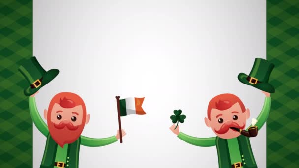st patricks day animated card with elfs and clovers - Materiał filmowy, wideo