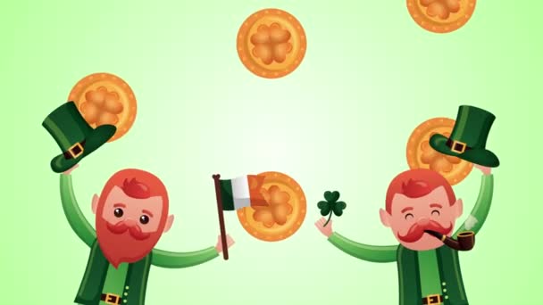 st patricks day animated card with elfs and treasure coins - Video