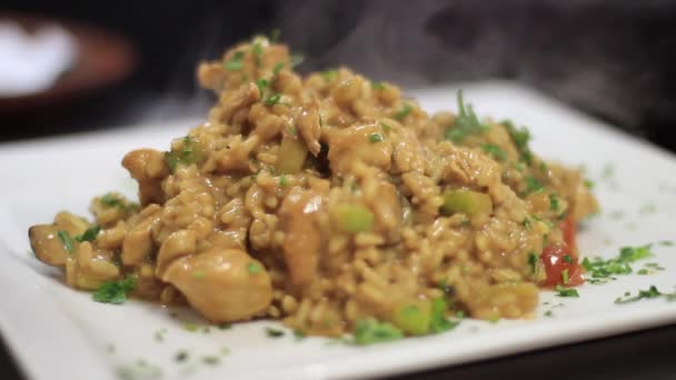 Risotto With Chicken and Vegetables in Soya Sauce, Adding Cheese, Close Up - Πλάνα, βίντεο