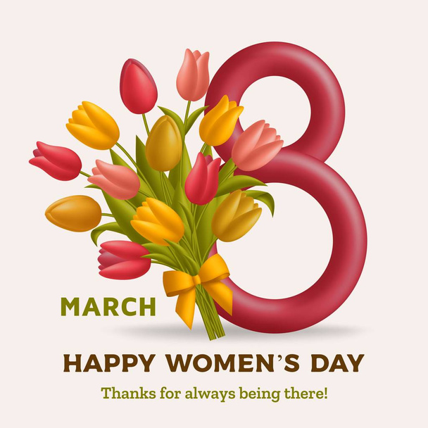 Χαριτωμένο Happy Womens Day φόντο με την εικόνα οκτώ και μπουκέτο τουλίπες - Διάνυσμα, εικόνα