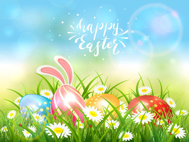 Easter theme with eggs and bunny ears. Lettering Happy Easter on blue nature background with butterflies and a white rabbit behind eggs in the grass with flowers, illustration. - Вектор, зображення