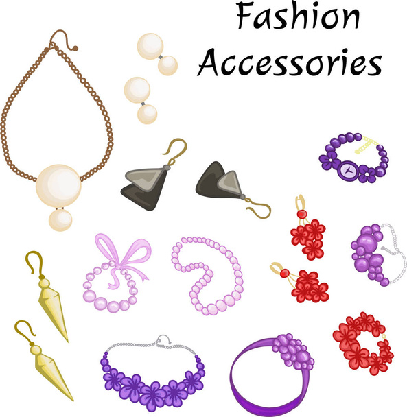 Mode Schmuck Accessoires Set Armbänder Ohrringe Perlen Uhrenelemente weibliche mädchenhaft hell Illustration Vektor - Vektor, Bild