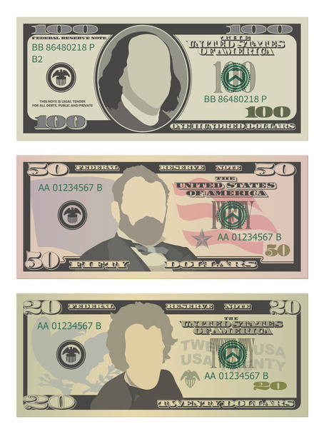 Set of one hundred dollars, fifty dollars and twenty dollar bills. 100, 50 and 20 US dollars banknotes. Vector illustration of USD isolated on white background - Wektor, obraz
