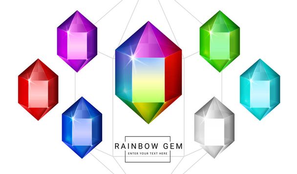 Set of rainbow color fantasy jewelry gems, polygon crystal shape stone for game. - Vector, Image