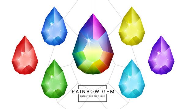 Set of rainbow color fantasy jewelry gems, oval tear drop polygon shape stone for game. - Vector, Image