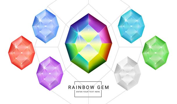 Set aus Edelsteinen in Regenbogenfarbe Fantasie Schmuck, Polygon-Form Stein für Spiel. - Vektor, Bild