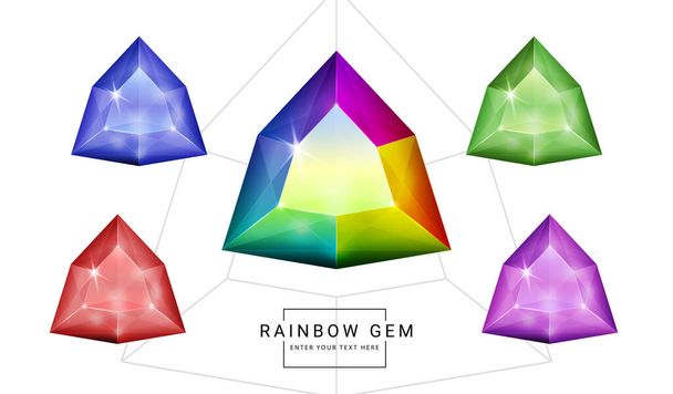 Set of rainbow color fantasy jewelry gems, polygon shape stone for game. - Vector, Image