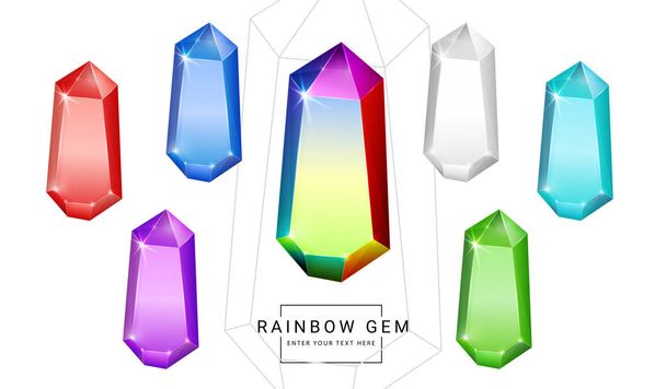 Set of rainbow color fantasy jewelry gems, polygon shape stone for game. - Vector, Image