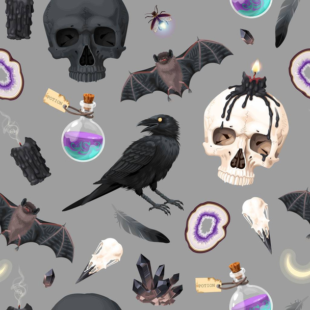 Seamless pattern with raven and human skull - Vettoriali, immagini