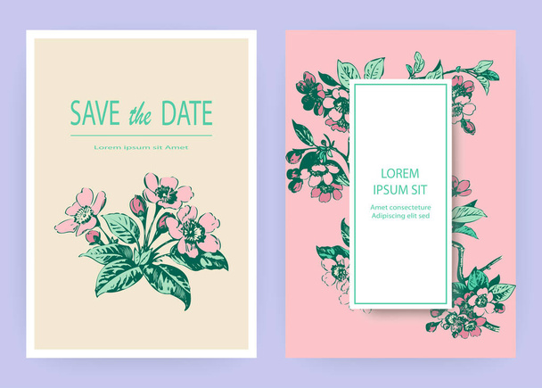 Hand drawn sakura pink blossom flowers and leaves on branches on white background, vintage style pastel color vector illustration, Botanical drawing cherry wedding invitation card, template design - Vector, Image