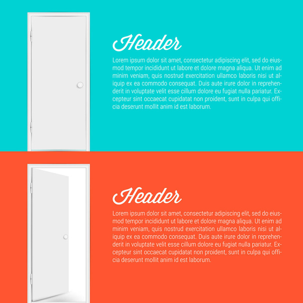 Realistic white closed and open doors with frame isolated on neon orange and soft blue background - Vecteur, image