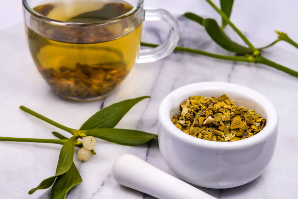 Mistletoe, tea with mortar and frehs and dried mistletoe drug - Foto, immagini