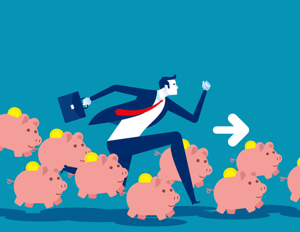 Saving money concept, Running with piggy bank, Flat business cartoon vector illustration. - Vector, Image