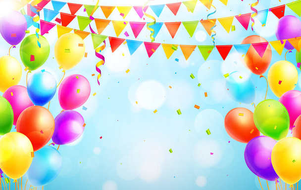 Barevné balónky, konfety, stuhy a party vlajky na modrém pozadí s bokeh. Vektorová ilustrace - Vektor, obrázek