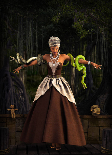Beautiful Voodoo Queen with a snakes, performing a magical ritual in a swamp area, 3d render - Photo, Image