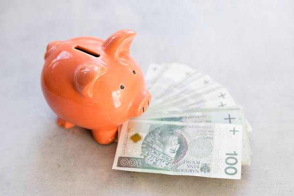 Piggy bank with polish money on concrete table - saving profit concept in horizontal banner - Foto, Bild