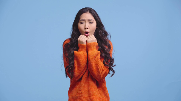 bonita chica kazakh en suéter de congelación aislado en azul
 - Imágenes, Vídeo