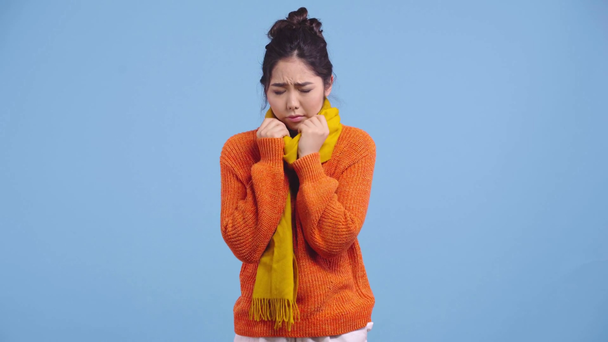 sick asian woman coughing isolated on blue  - Footage, Video