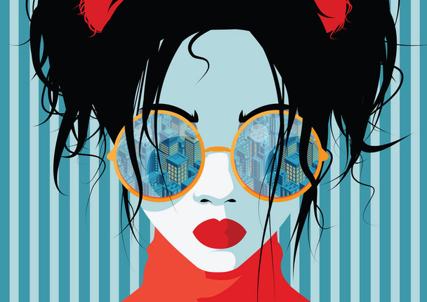 Güneş gözlüklü kız retro moda. Resort pop sanat tarzı güzel kadın - Vektör, Görsel