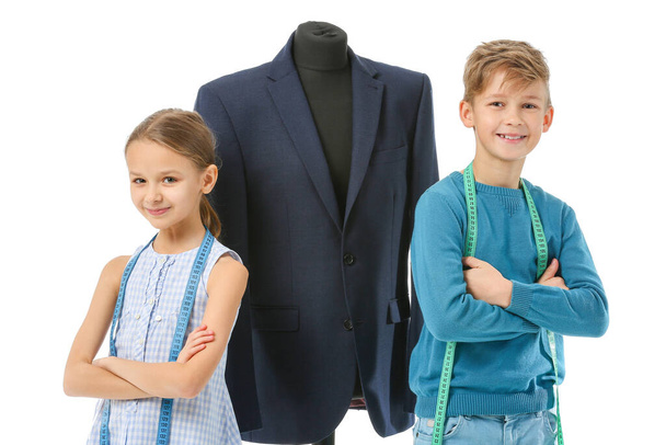 Cute little tailors with mannequin on white background - Photo, Image