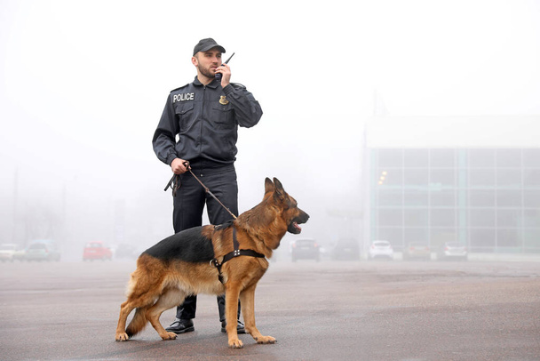 Männlicher Polizeibeamter mit Hund patrouilliert in Stadtstraße - Foto, Bild