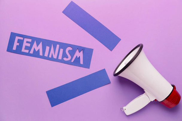 Renk arkaplanında feminizm sözcüğüyle megafon - Fotoğraf, Görsel